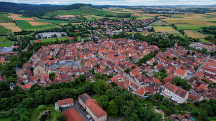 A panorama aerial view around the old town in the city Iphofen Germany on a sunny spring morning