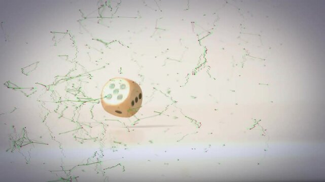 Faint dot cluster emerging triggers wooden die tumbling in network, nodes pulsing displaying links