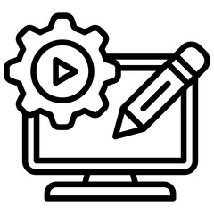 Content Management Outline Style Icon - Computer screen with gear and pencil, showing customization and management of online media