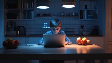 Focused pupil using laptop for online education, studying remotely at home in evening, with books and fruits on the wooden table in modern kitchen