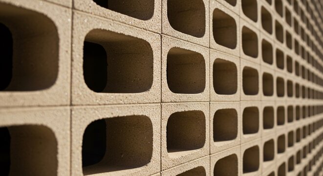 Concrete breeze block wall with geometric pattern in perspective architectural detail