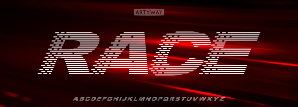 Racing digital alphabet, dynamic automotive letter set, cyber speed font for fast esport title, drift headline, action stripe typography, modern turbo performance typographic design. Vector typeset