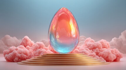 A sphere that is easy to see is positioned on a white pedestal in front of a cloud that is pink