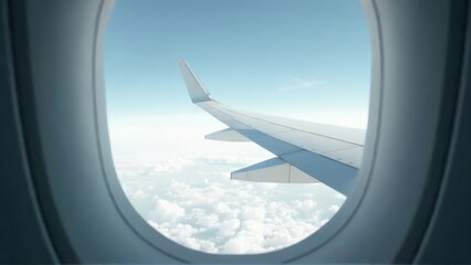 Fototapeta premium A passenger's view of an airplane wing soaring above a vast expanse of white clouds, blue skies.