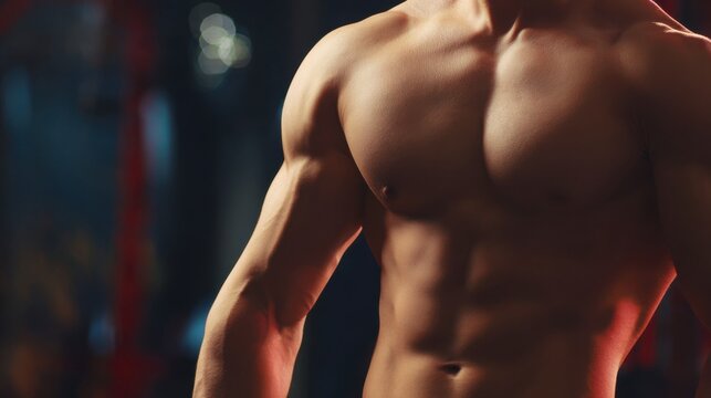 Shirtless muscular male with defined pectorals, sculpted six-pack abs, toned arms, visible veins, and bicep definition under warm glowing light, highlighting skin texture and contours, - Powered by Adobe