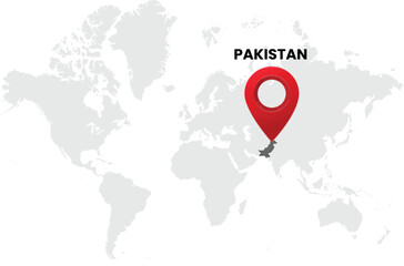World map on white background. World map with country pakistan highlighted with location symbol. Vector illustration of map and pin location of pakistan country.