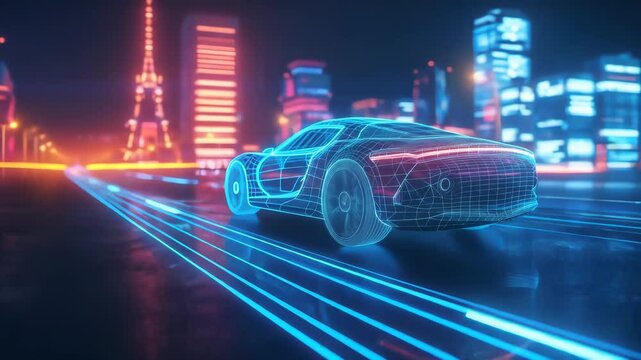 The video blurred background shows a highly modified race car with a sleek aerodynamic design, fiber optics, suggesting internal cabling and movement mechanisms.