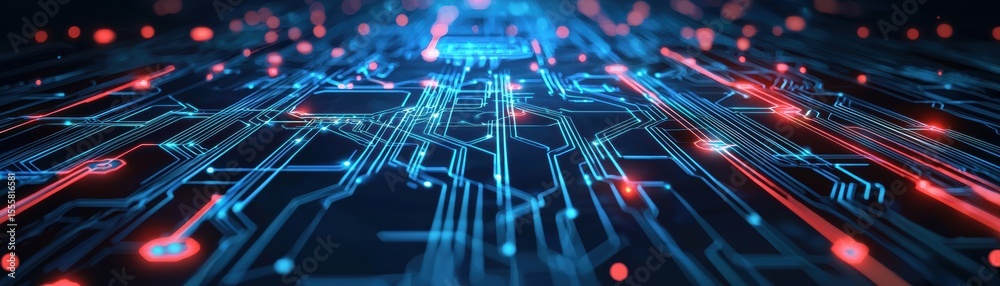Poster a close-up digital rendering of a glowing blue and red circuit board with intricate pathways and bri