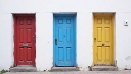 Three vibrant doors in red, blue, and yellow stand against a textured white wall facade.