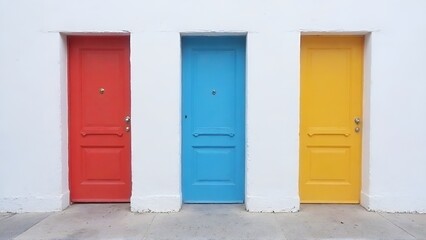 Vibrant red, blue, and yellow doors aligned against a stark white wall offer choices.