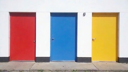 Three vibrant doors of varying colors create a striking and simple architectural facade detail.