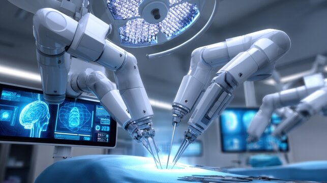 robotic surgical arms performing delicate operation under supervision of surgeon, futuristic operating room with blue light and digital panels
