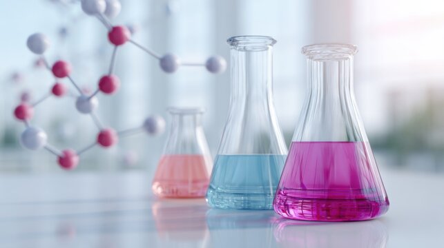 scientific lab glassware with colored liquids on white table, soft ambient light, floating molecular structures in background, clean composition, no people