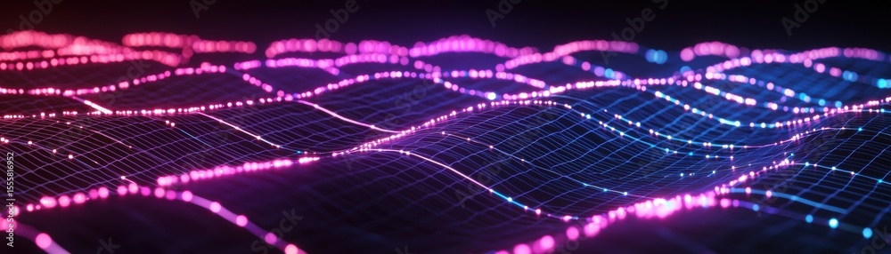 Poster a colorful digital wave pattern of glowing dots connected by grid lines, representing data flow or f
