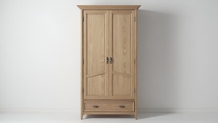 Oak wardrobe stands gracefully against a white wall, boasting two doors and a bottom drawer design.