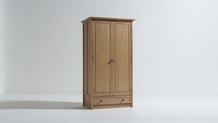 A tall, simple wooden wardrobe cabinet with doors and a bottom drawer sits on a white background.
