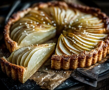 the image shows a beautifully crafted fruit tart sitting on a piece of textured paper, with a slice already cut out