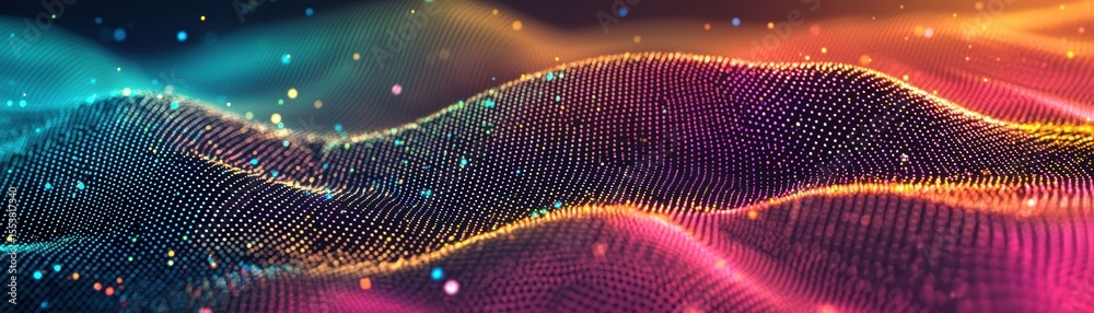 Poster a vibrant digital landscape of flowing waves formed by glowing multicolored particles and lines, rep