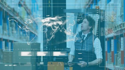 Warehouse operator riding forklift scanning shelves with tablet and initiating world map overlay - Powered by Adobe