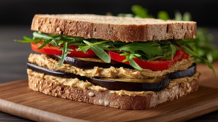This sandwich is composed of three layers of bread and vegetables