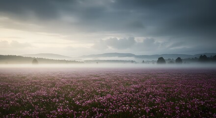 Purple Flower Field in Foggy Landscape