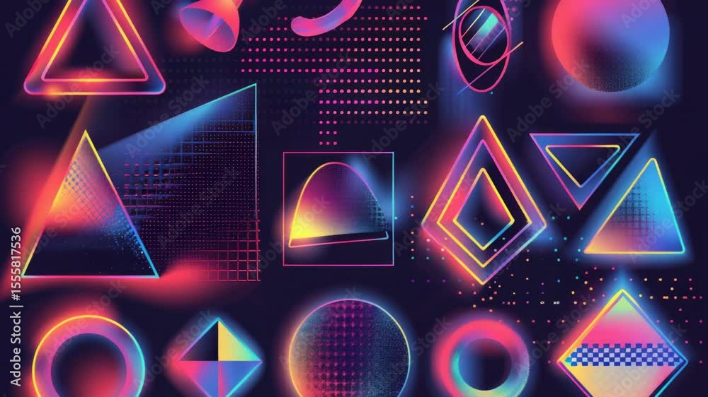 Poster a collection of vibrant neon shapes against a dark backdrop, perfect for use in futuristic or sci-fi