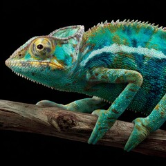 Obraz premium On a wooden branch, a green and white chameleon has come to rest