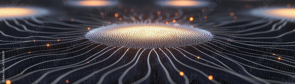 Poster a futuristic digital landscape with glowing nodes and flowing lines forming a circular grid pattern,