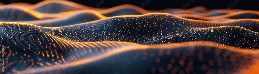 Poster abstract digital landscape featuring glowing waves and particles in warm tones, creating a futuristi
