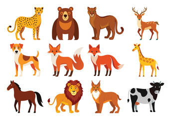 Cartoon Wild and Domestic Animals Vector Set – Cute Animal Illustrations Collection on white background 

