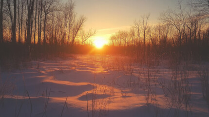 sunset in winter forest 