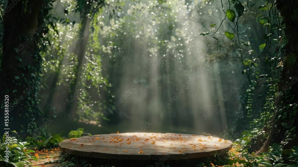 Poster a wooden platform surrounded by trees and foliage in a dense forest