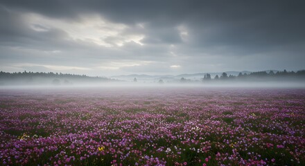 Naklejka premium Flower Field Misty Landscape Purple Bloom