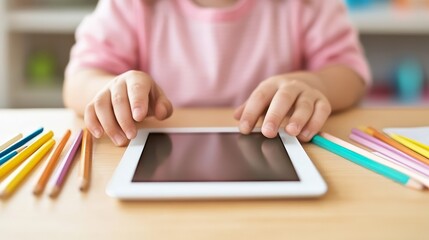 Close up of child hands using tablet computer with colored pencils on wooden table, suggesting the concept of online education and back to school