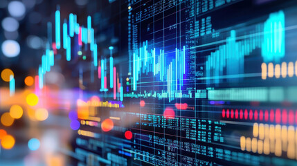 Digital data visualization with colorful graphs and charts representing market trends and analytics, creating dynamic