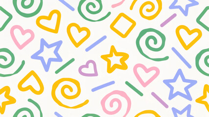 Modern basic shapes set: star, triangle, circle, heart, zigzag, spiral, wavy lines. Trendy Memphis geometric pattern. Cool abstract background in retro 80s,style. Seamless kids doodle designs vector