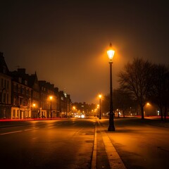 Night Street with Lampposts and Car Lights