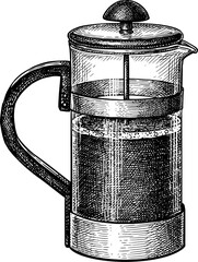 French press with coffee ink sketch