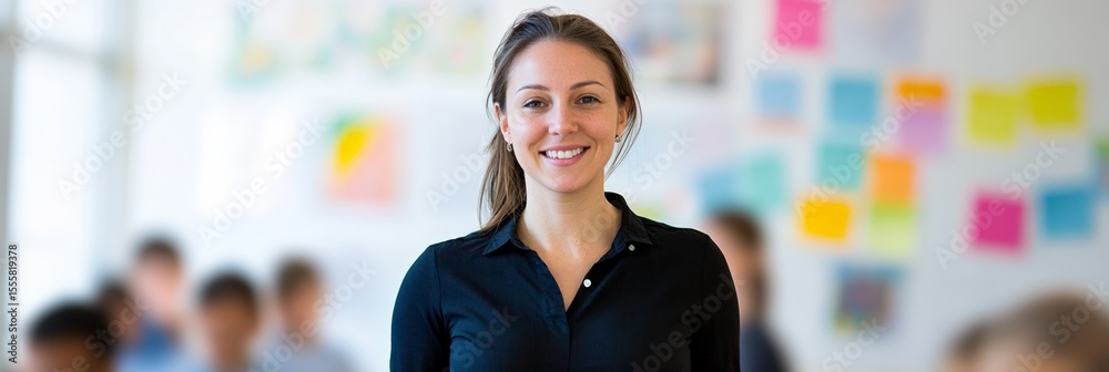 Aufkleber Portrait of a smiling female teacher standing in a classroom with students blurred in the background and colorful sticky notes on the wall. Suggesting an interactive and engaging learning environment