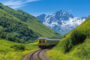 Scenic train journey through lush green mountains and snow capped peaks evokes sense of adventure and tranquility
