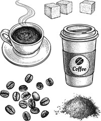 Coffee set ink sketch.