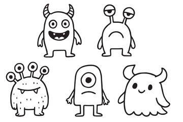 Vector set of cute monsters. Funny hand drawn line aliens for coloring. Set of decorative design elements. Vector