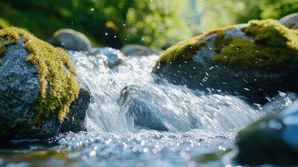 Serene photo of cascading stream flowing over moss covered rocks, creating tranquil atmosphere with sparkling water droplets