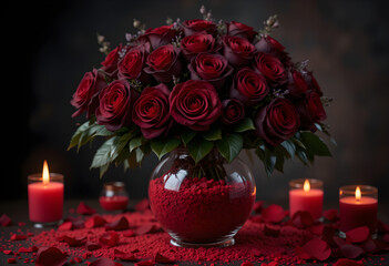 A red rose bouquet with flickering candles creates a beautiful holiday celebration 