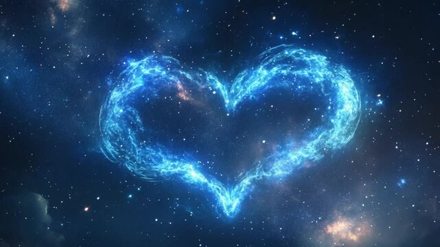 Glowing blue heart shape formed by cosmic energy against a starry night sky backdrop