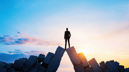 Business mindset resilience risk taking is essential for success, as shown by figure standing on rocky peak at sunset