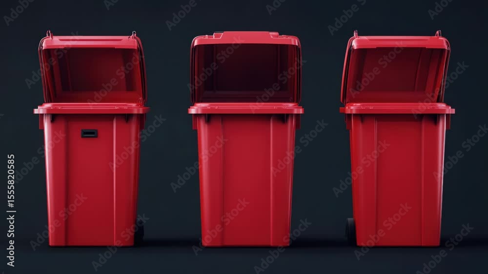 Poster Three identical red trash cans lined up together on a clean floor or surface