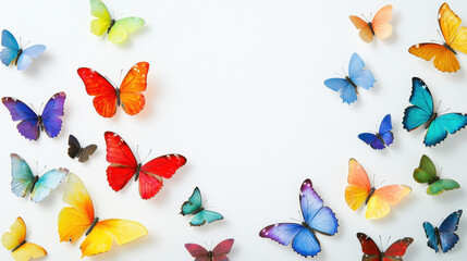 Colorful butterflies in various shades and sizes create vibrant display on light background, evoking sense of joy and beauty