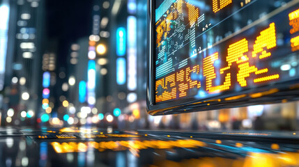 Digital display board showing financial data in bustling city at night, conveying sense of modern finance and technology