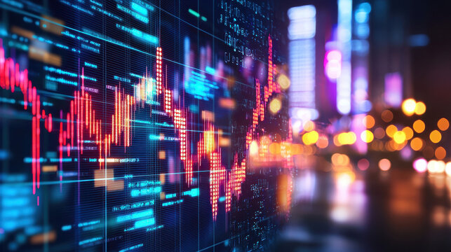 Digital stock market graph with vibrant colors and blurred city lights in background, showcasing financial trends and data